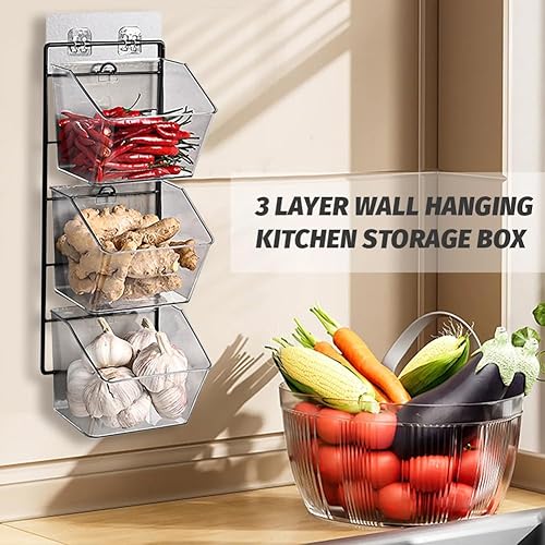 Miniatura 6 de Contenedor de almacenamiento montado en la pared, cesta de verduras colgante vertical de 3 niveles, organizador de encimera para ajo, jengibre y