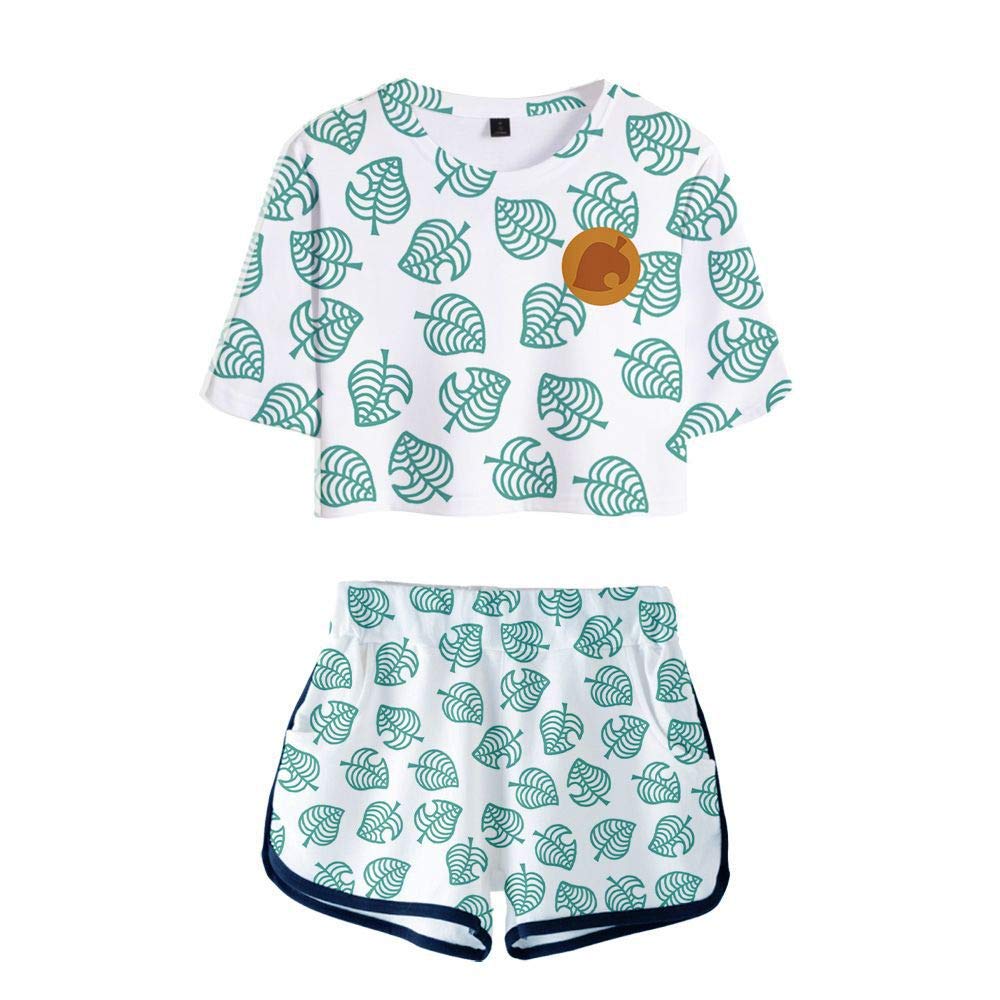 Women/Teen Girls Animal Crossing Sports Suit, Leaf Printing Short Sleeve T-Shirt Shorts Set, Summer Casual Two-Piece Cosplay Costume
