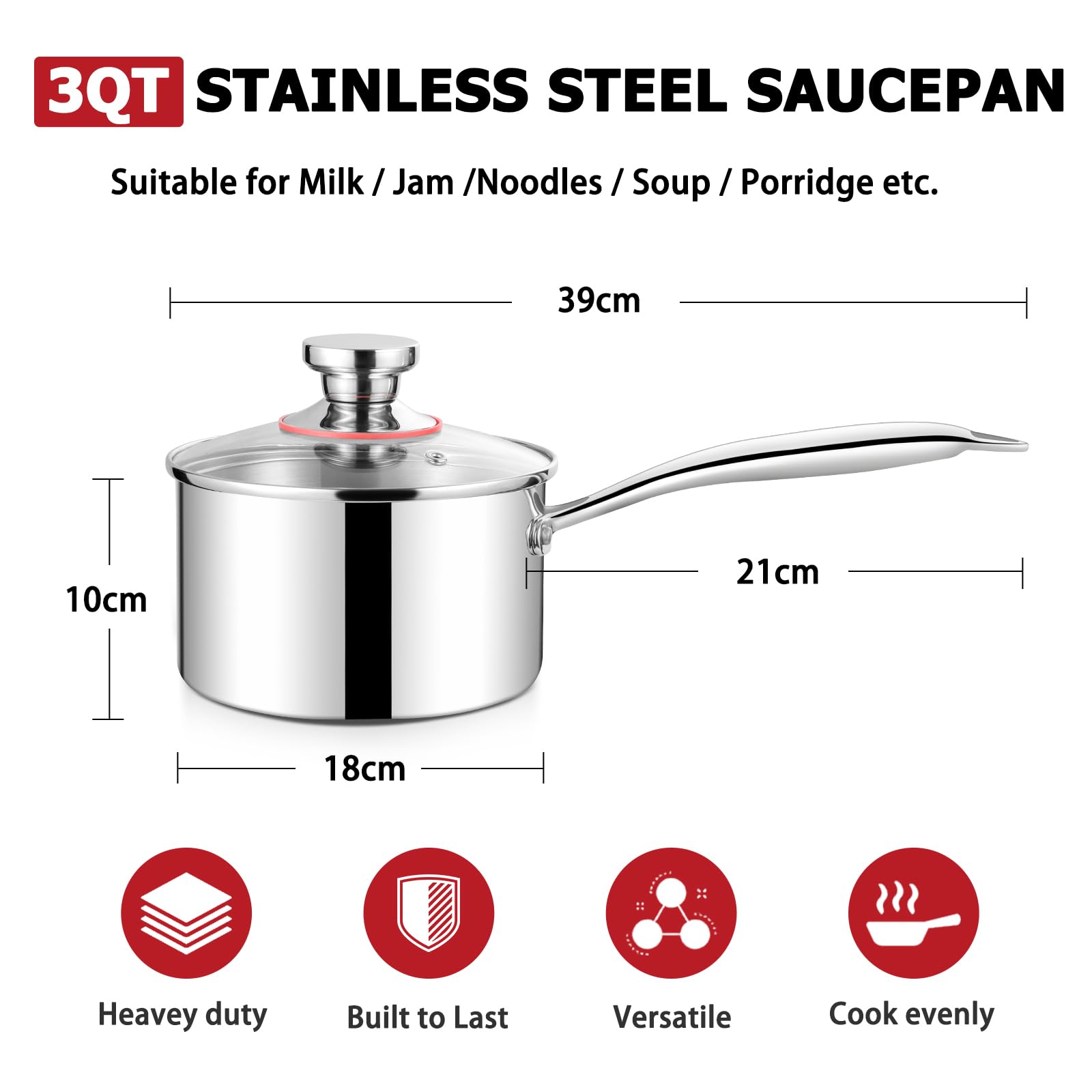 HaWare 2.5L Saucepan with Lid, 18cm Stainless Steel Tri-Ply Sauce Milk Pan with Ergonomic Handle - Image 2