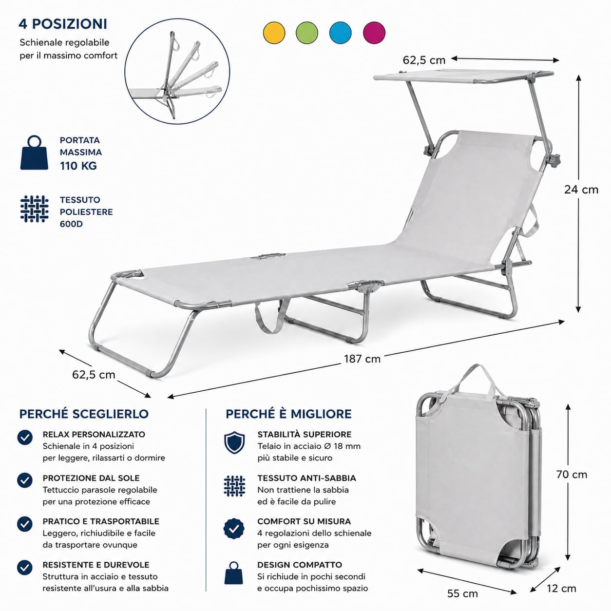 Lettino Prendisole - ANTIRUGGINE - CON TETTUCCIO REMOVIBILE, Tessuto Oxford Traspirante E Antistrappo, Schienale Regolabile Su 4 Livelli, 187 x 62,5 x 24 cm - BIANCO