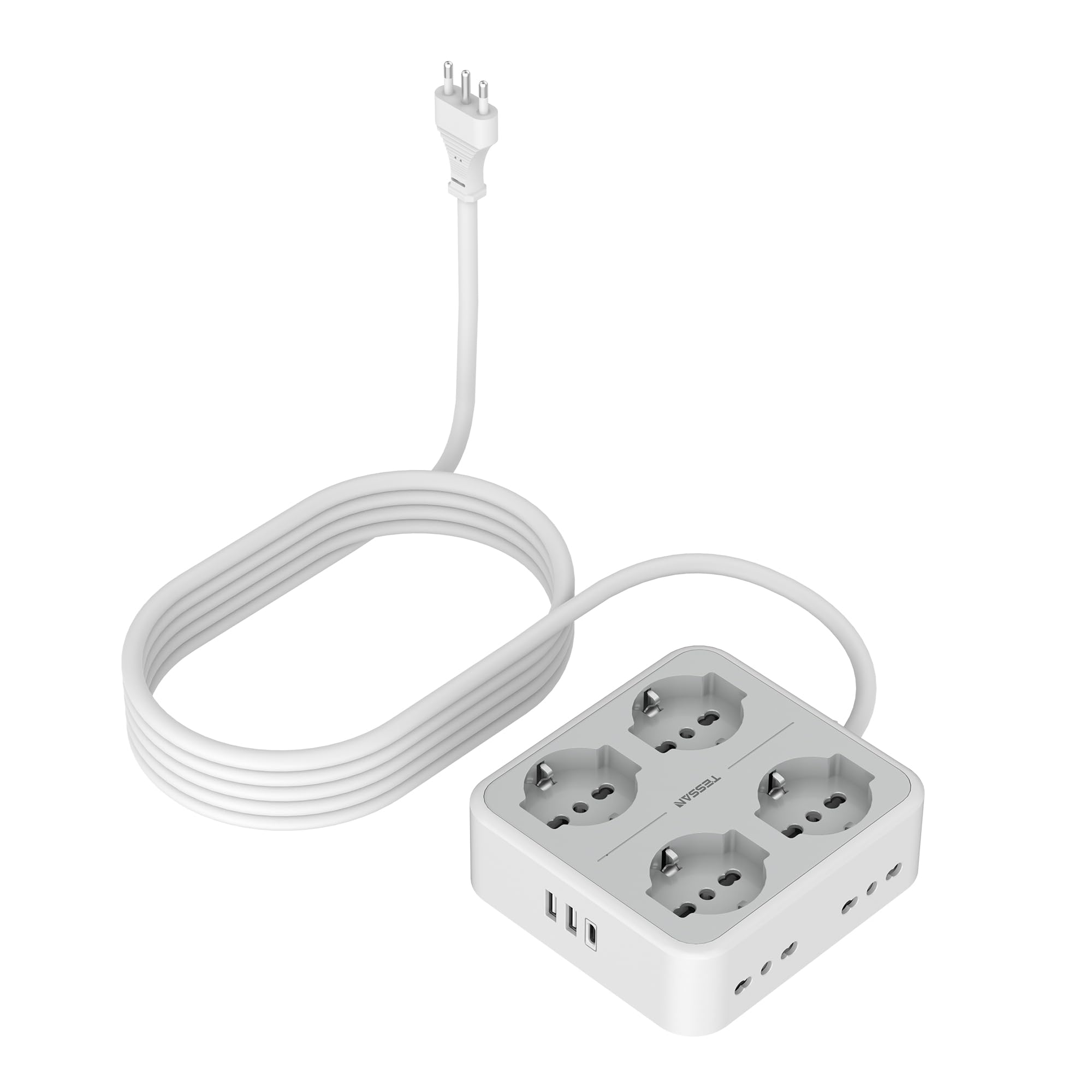 TESSAN Multiprise avec USB C, multiprise électrique avec rallonge électrique de 5 mètres, multiprise avec 4 Schuko et 4 bivalentes 10 A/16 A, multiprise électrique avec interrupteur, 1 USB C et 2 USB