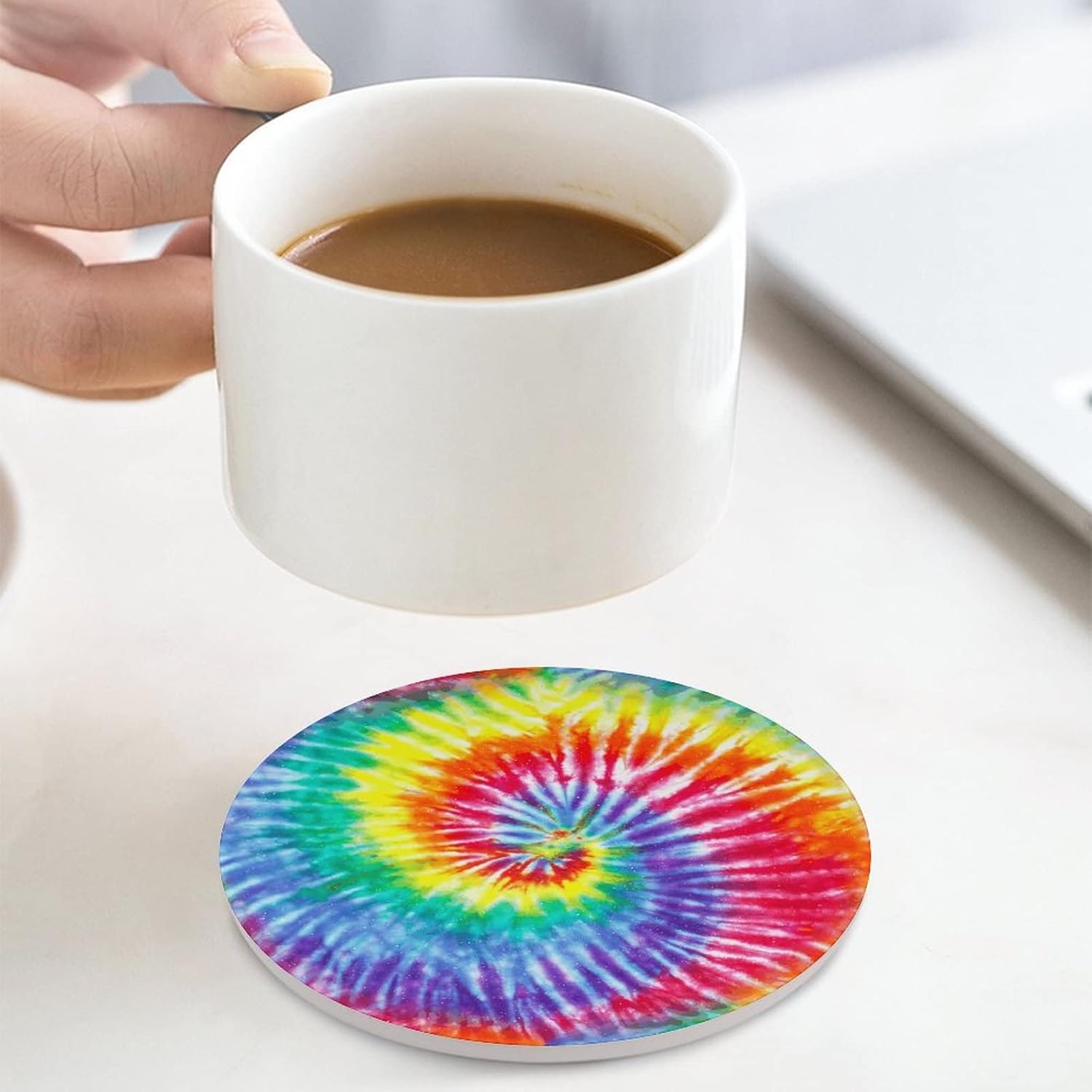 Rainbow Coasters for Drinks, Tie Dye Texture Absorbent Ceramic Coaster Set of 6, Colorful Cup Coasters with Non-Slip Cork Base, Cups Place Mats for Home Decor
