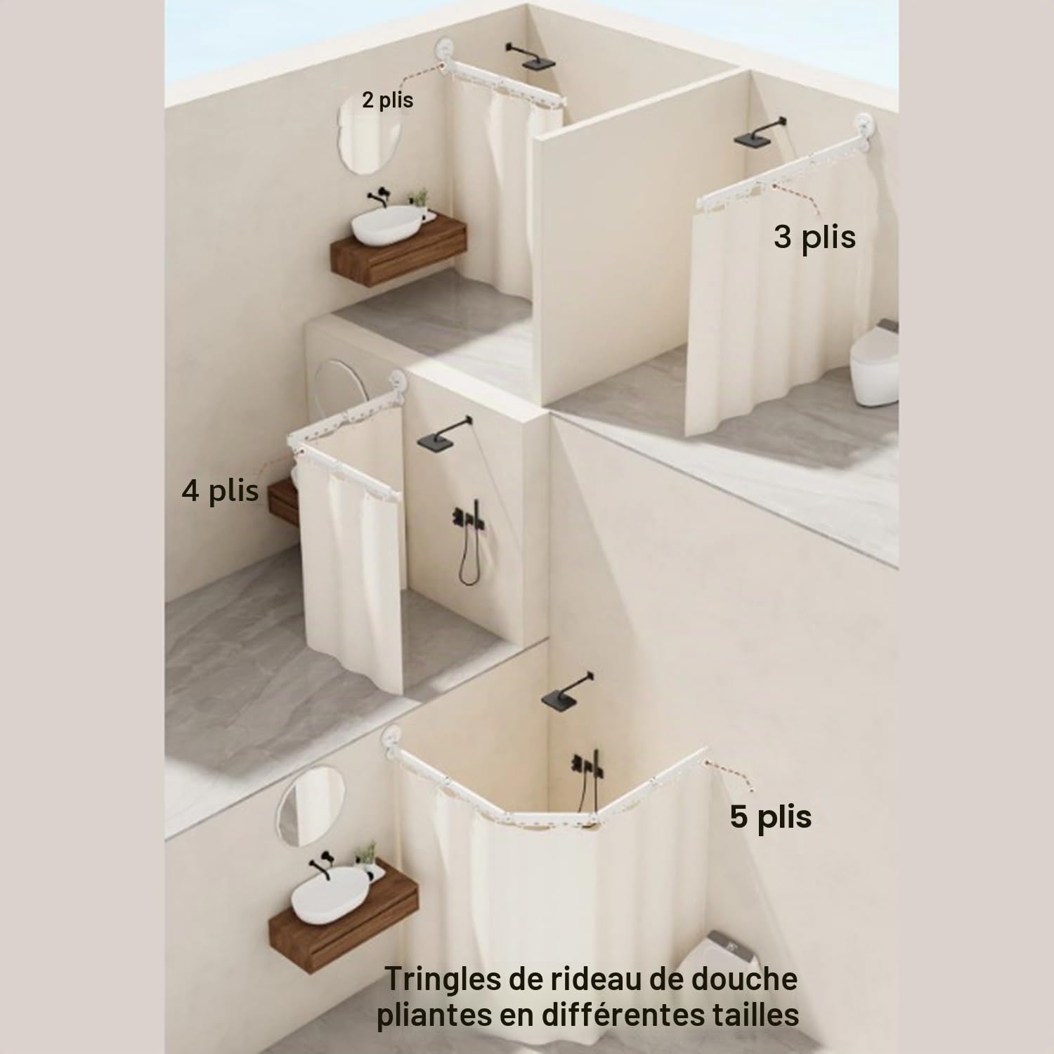 Rideau De Douche Sans Perçage,Tringle à Rideau De Douche Pliable Avec Ventouses,Résistante à La Moisissure,Imperméable,Lavable,Équipée De Ventouses Puissantes,Pour Douche d'Angle,Blanc(5 Plis,160cm)
