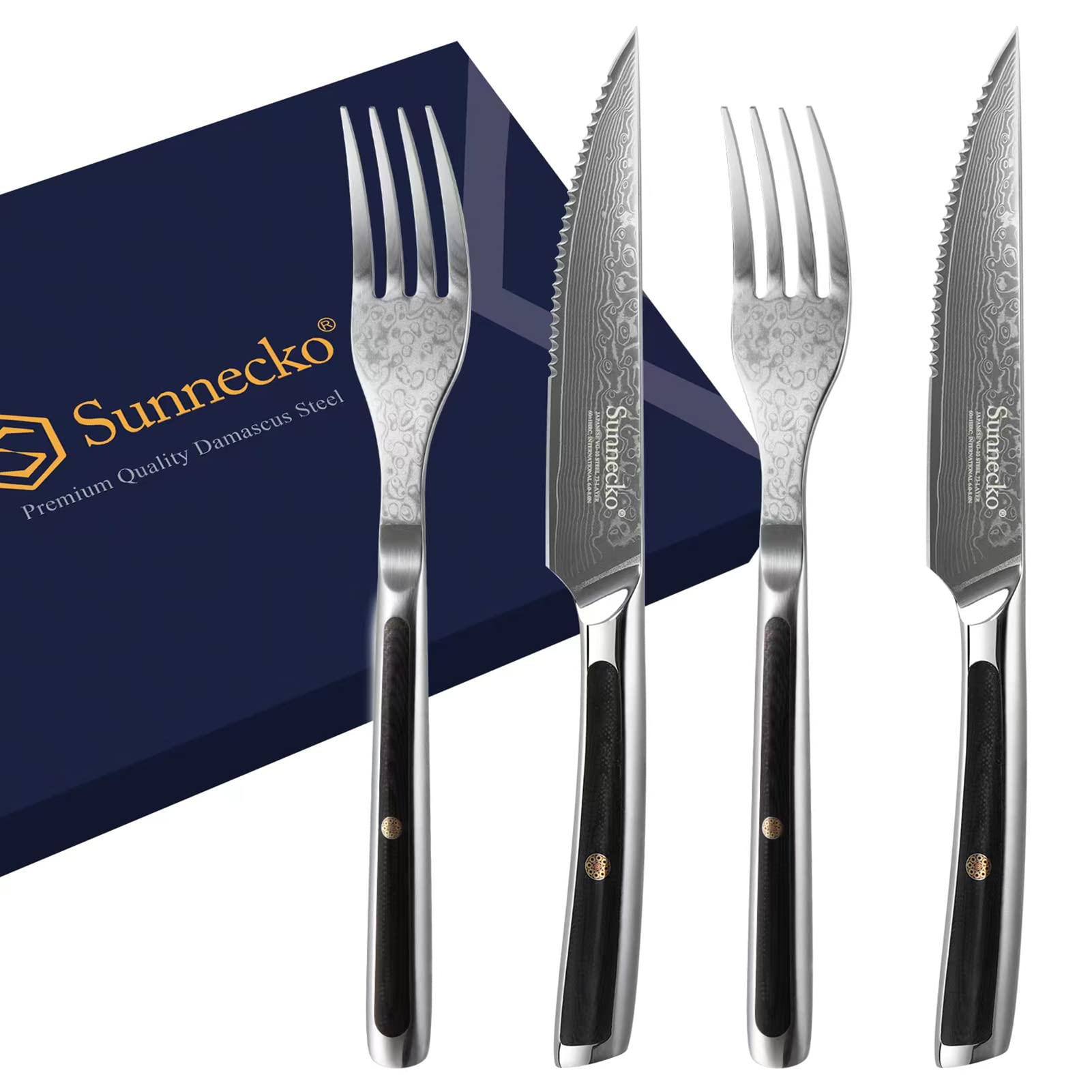 SunneckoDamascus Steak Knives Set of 4 Serrated, Japanese VG10 Stainless Steel Steak knives Dishwasher Safe, 5 Inch Steak Knife and Fork Set G10 Handle with Gift Box