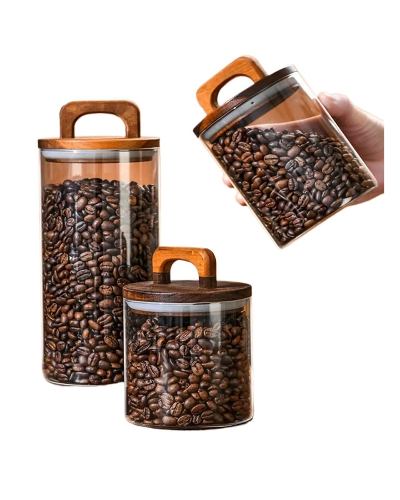 1pc Kaffeebohnen versiegeltes Glas mit Griff Holzdeckel Vorratsglas Kaffeebohnen Glasbehälter Kaffeekanister Kaffee Eckdekor für Kaffeebohnen, Zucker(800ml)
