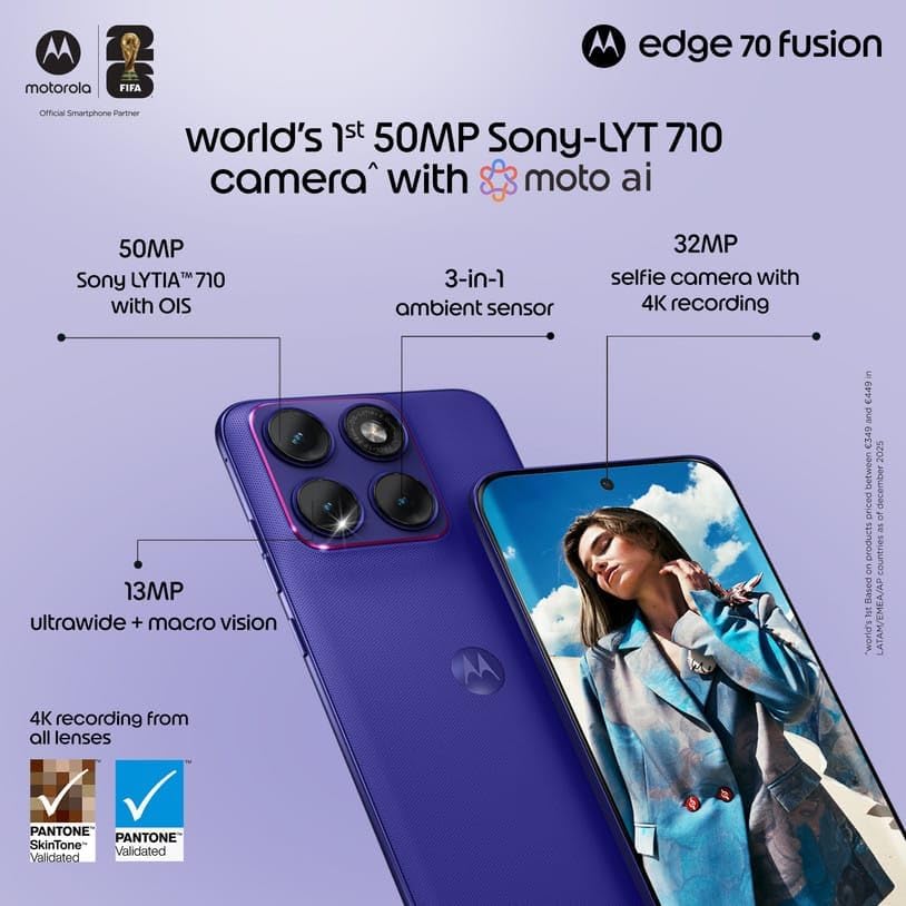 Image of Motorola Edge 70 Fusion 5G (Pantone Orient Blue, 8GB RAM, 128GB Storage) | AI Features | 6.78-inch 144Hz AMOLED | Snapdragon 7s Gen 4 | 50MP + 13MP Camera | 32MP Selfie | 7000mAh | 68W TurboPower
