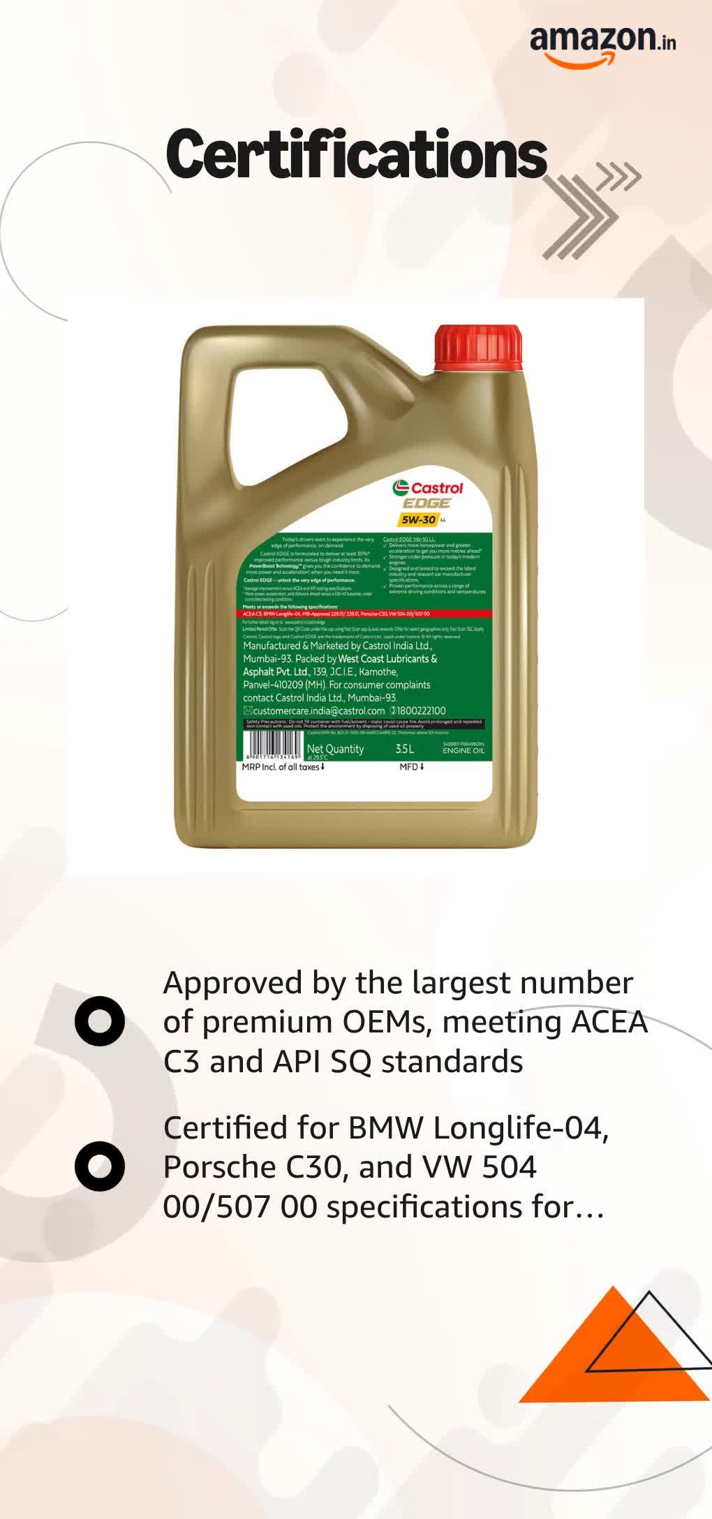 Castrol - 3423441 Edge 5W-30 LL Full Synthetic Engine Oil (3.5L