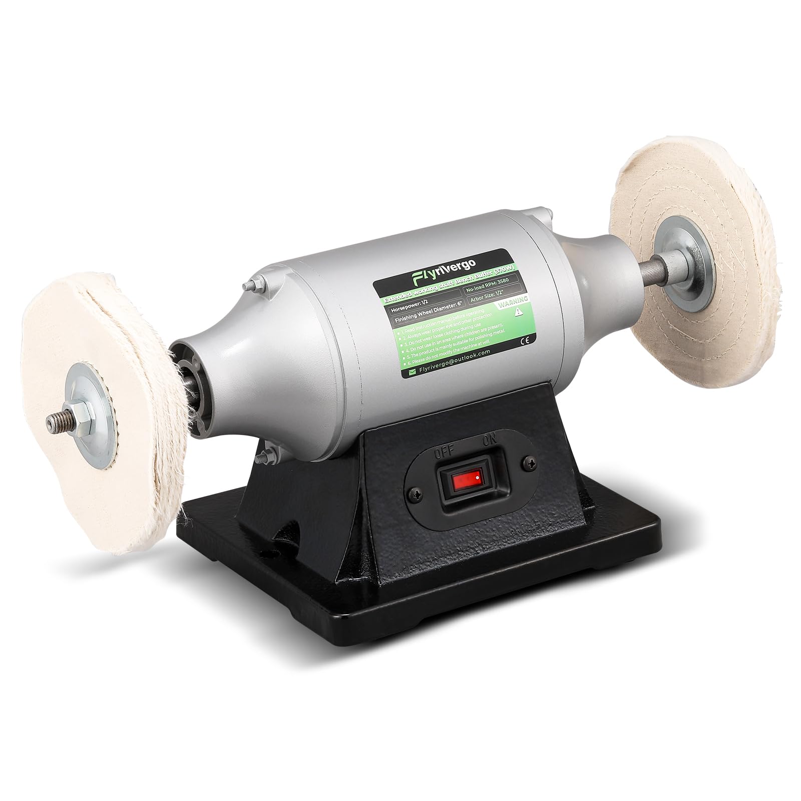 Flyrivergo Bench Buffer Polisher, 6 Inch Buffing & Polishing Machine With Two Cloth Wheels, 370W High-powered Buffing Machine For Metal, Jewelry, Knives, Wood, Jade and Plastic