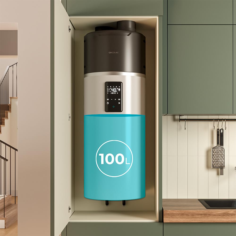 Cecotec Termo con Aerotermia de 100L, Calentador de Agua AeroThermal 100 Water Connected. Energía Sostenible, Bajo Consumo, Pantalla Táctil, Control por APP, R290, Temperatura hasta 75ºC