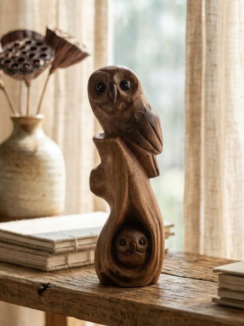 Kinaree Drewniana sowa na pniu - ręcznie malowana rzeźba z drewna suar, dekoracyjna figurka sowy z Tajlandii, w 2 rozmiarach (Mała ok. 20 cm/Duża ok. 25 cm)