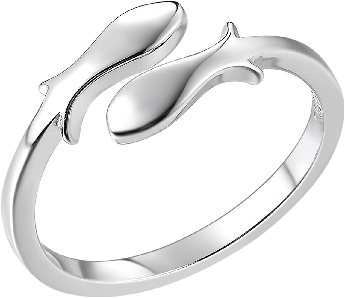 Jewboo S925 Sterling Silver Women Fish Pisces Constellations Open Tail Rings Fine Jewelry