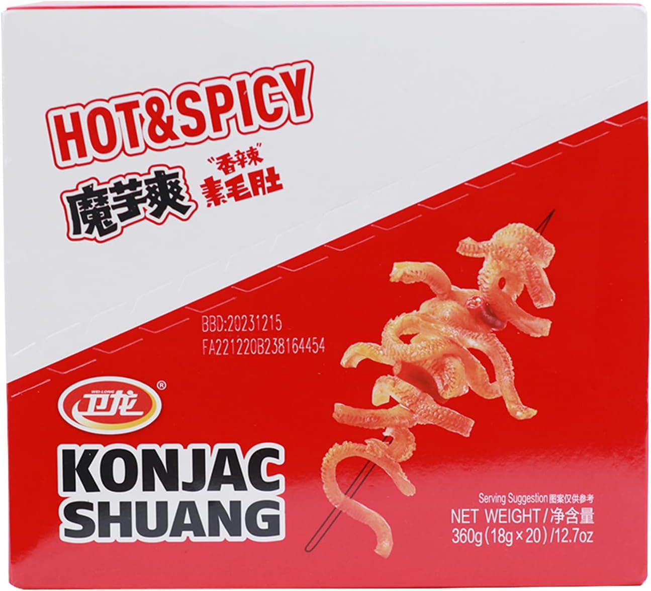 WeiLong Konjac Snack, Spicy Hot Strips, Spicy Snacks Latiao La tiao, Chinese Snacks Moyushuang, Spicy Flavor, (), 18g* 20 Bags, Pack of 1