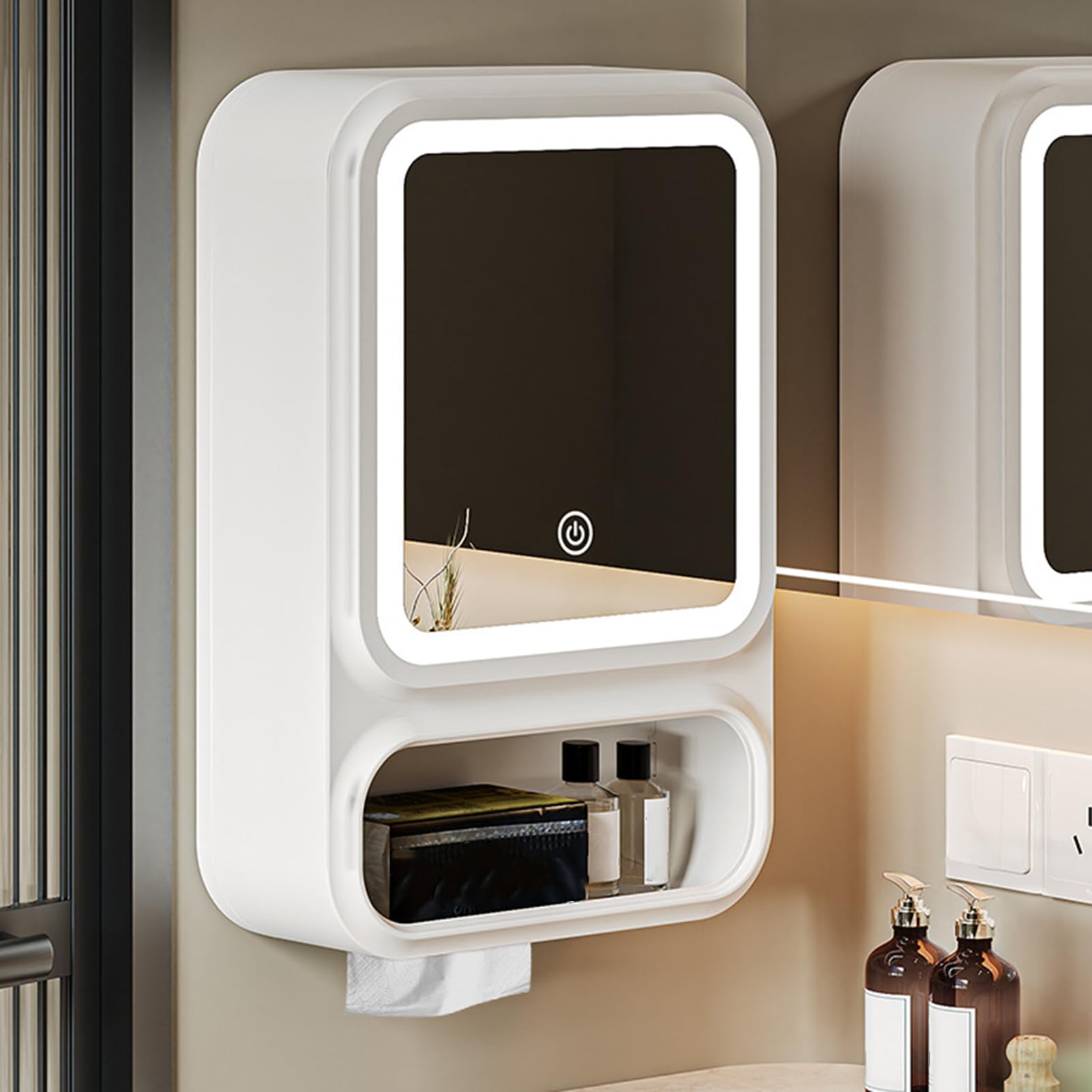 Gabinete de baño con Espejo | Tocador de baño montado en la Pared con Espejo, Organizador de Almacenamiento con Luces LED engañables, Estante de Puerta magnética decoración Moderna - White