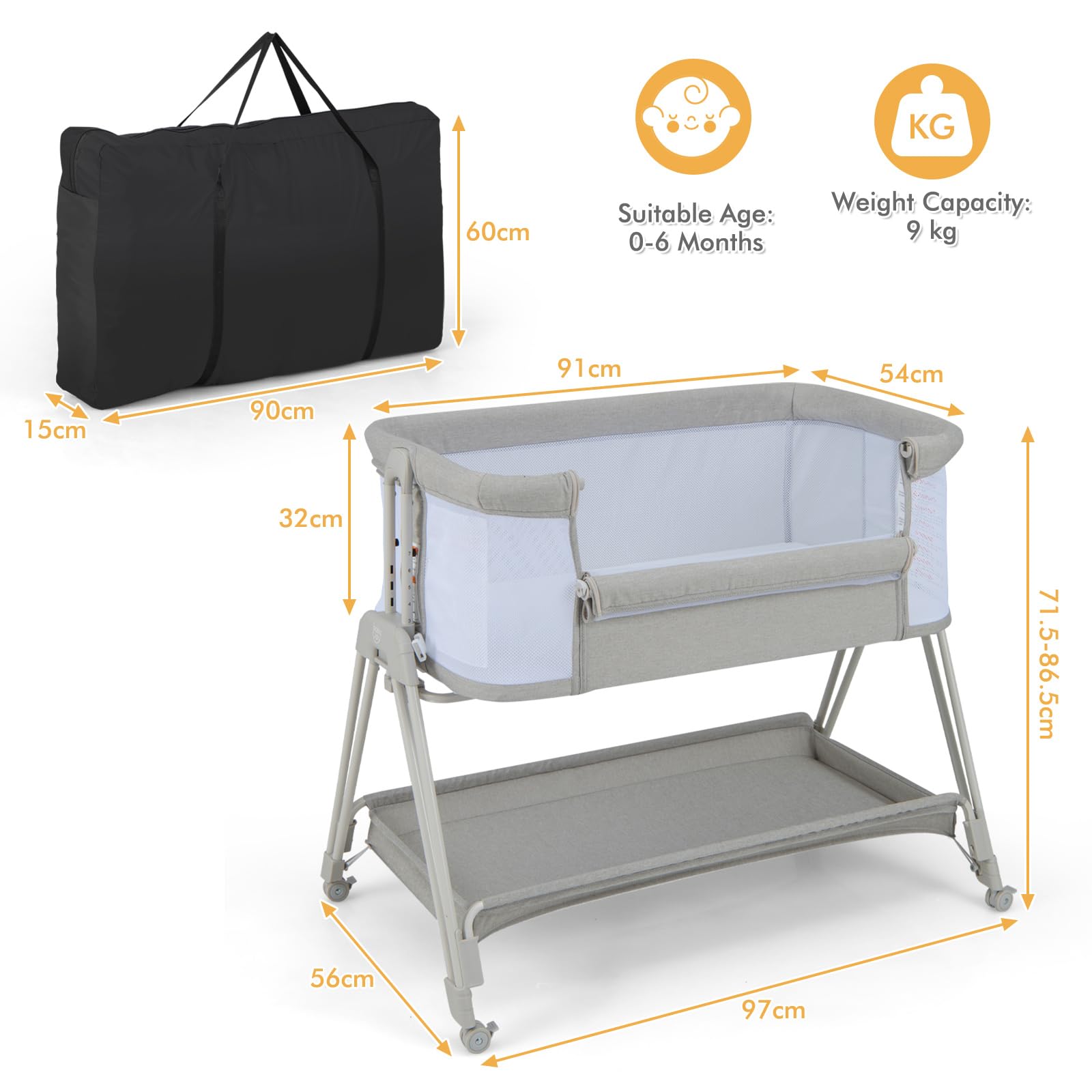 LIFEZEAL Wózek wiklinowy z regulacją wysokości, przenośne łóżeczko dostawne dla niemowląt, 90 x 50 cm, 3 w 1, łóżeczko turystyczne dla dzieci w wieku 0-6 miesięcy, dodatkowe łóżko z oddychającą siatką