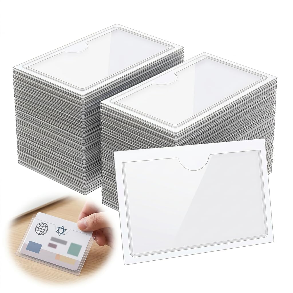 50 Pcs Self Adhesive Label Holders, 6 x 10cm Horizontal Plastic Card Sleeves Plastic Pocket Holder, Waterproof Clear Pockets, Self-Adhesive Business Card Pockets for Home Office School and Travel