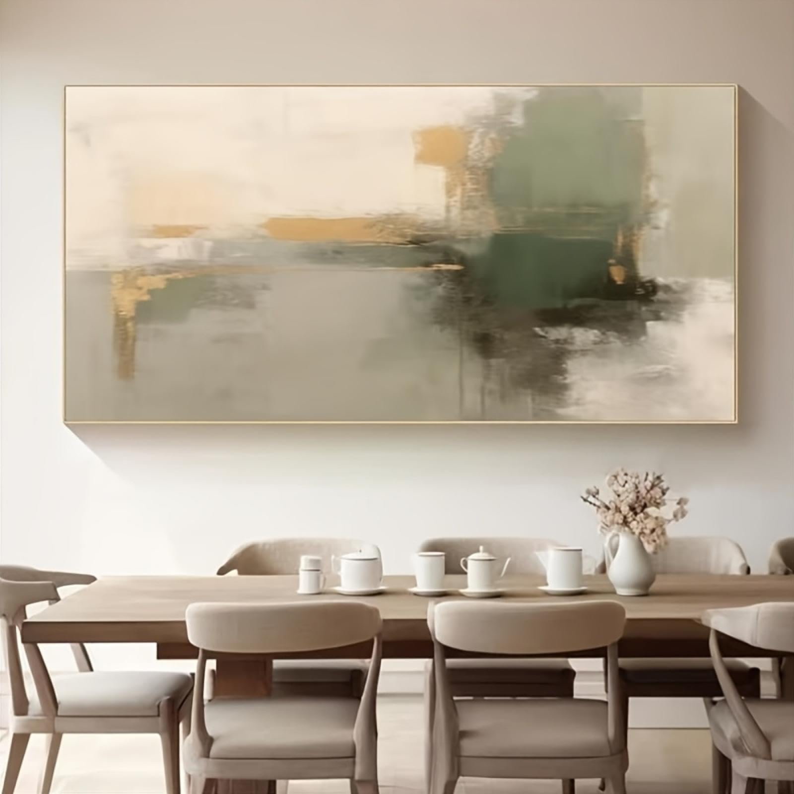 DFZEWKI Großer abstrakter Ölgemäldedruck auf Leinwand, modernes grün-goldenes Beige, Wandkunst, Leinwandbild, Kunstwerk für Wohnzimmer, 70 x 140 cm, rahmenlos