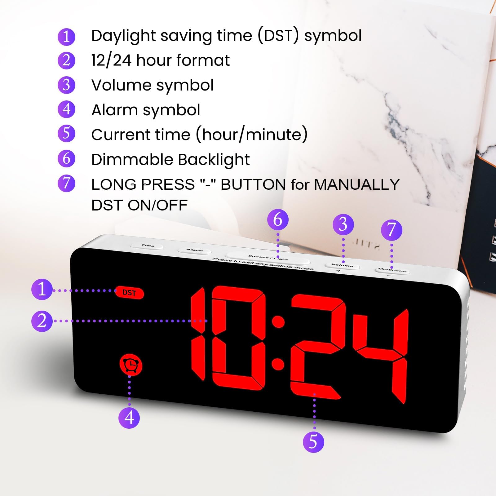 HODIK Reloj despertador para dormitorio de niños, reloj digital pequeño, 4 retroiluminación regulable, 3 volúmenes ajustables con repetición (pantalla roja)