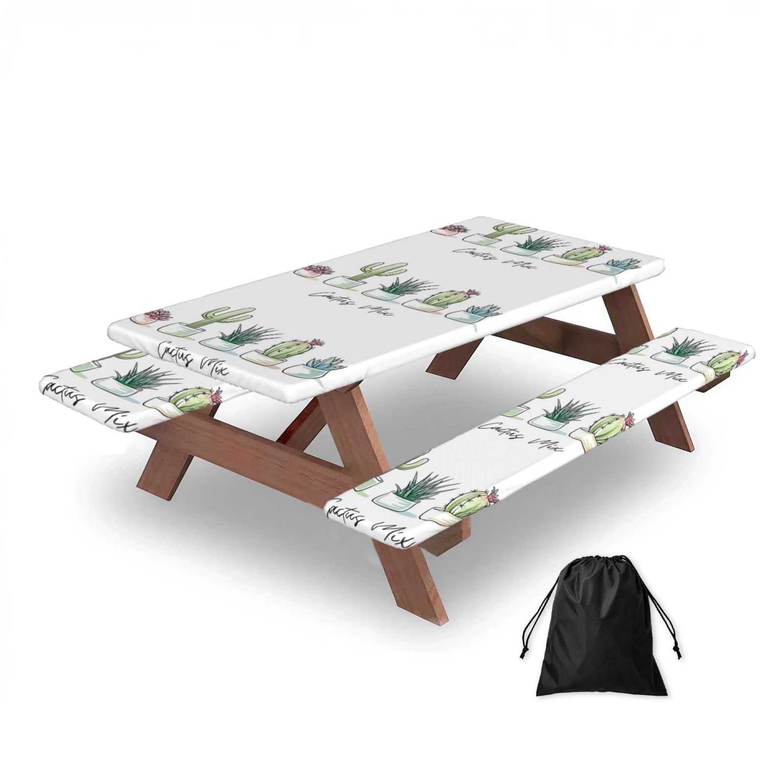 Dopklna As Picture Cute Cactus Succulent Cacti, Picnic Table Cover With Bench Covers -Waterproof Elastic Fitted Tablecloth For Garden Camping Patio 76X152cm