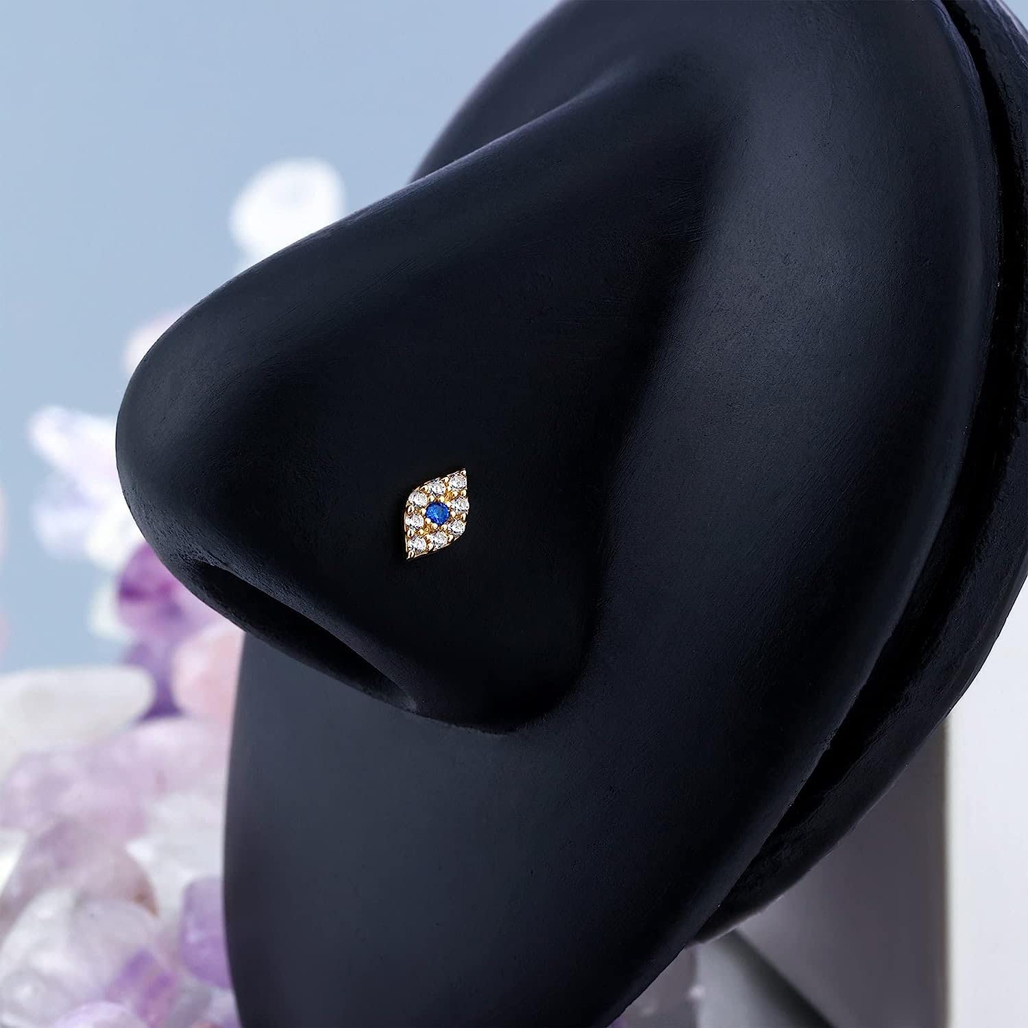 CM Crareesi Mania Piercing de nariz de oro de 14 quilates, calibre 20, ojo EviL de 14 quilates, oro macizo de 14 quilates, aretes de nariz en forma de L, juego de puntas para piercing de nariz,
