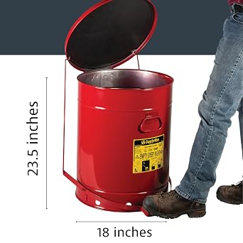 Justrite 21 Gallon Galvanized Steel Oily Waste Can | 23.5 x 18 Metal Oil Rag Safety Can with Quiet Foot Operated Self-Closing Lid for Oil Rag Disposal, Made in The USA, Red,