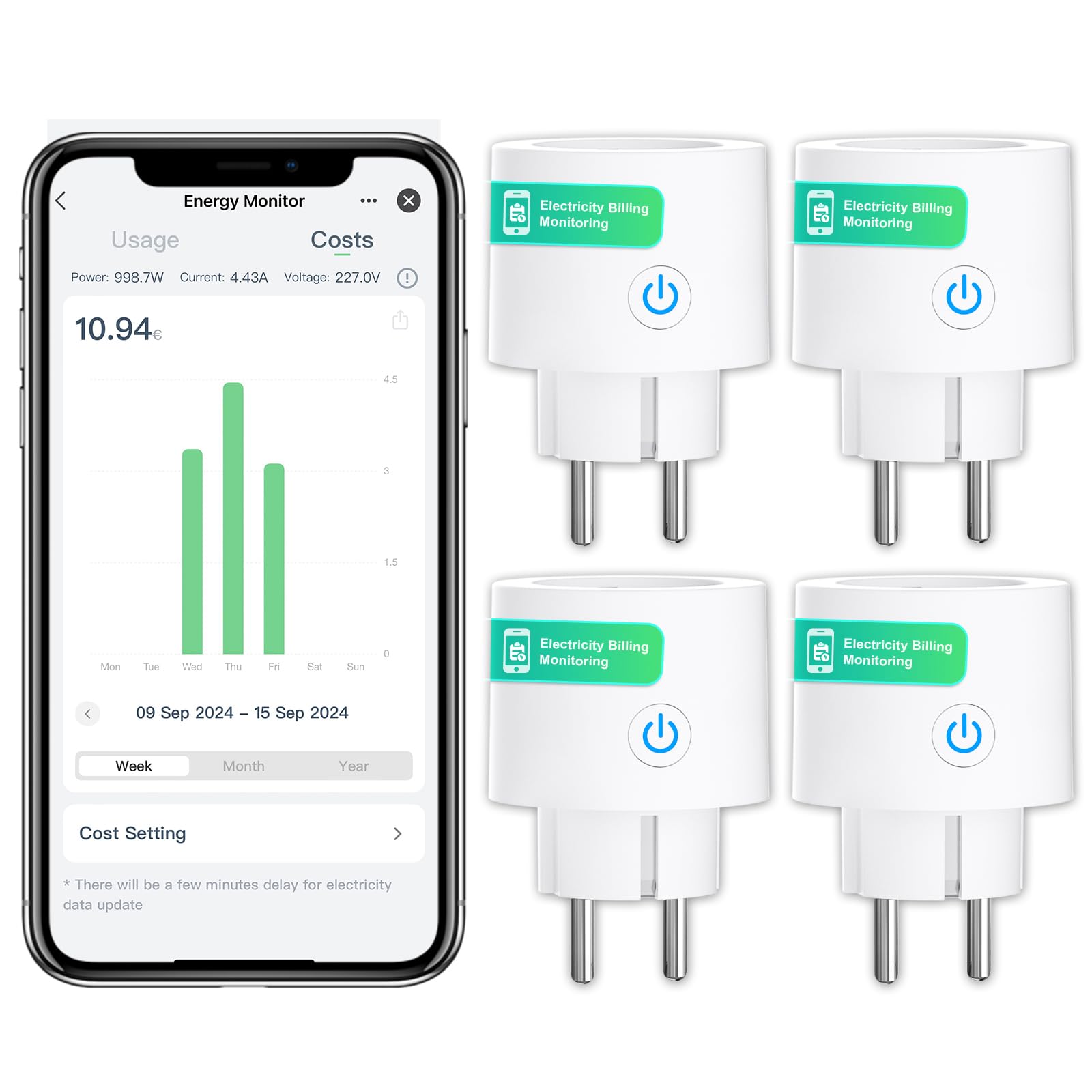 ANTELA Presa Smart con Misurazione dell'energia Elettrica Smart plug 16A | Type F, Monitoraggio delle Bollette, Controllo Vocale, Compatibile con Alexa e Google Home, Controllo APP, 4 Pz
