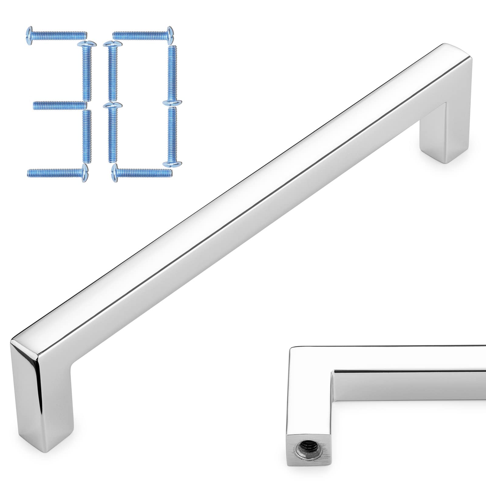KOOFIZO 30-Pack Solid Square Bar Cabinet Handle - Chrome Furniture Pull, 5 Inch/128mm Screwhole Distance for Kitchen Cupboard Door, Bedroom Dresser Drawer, Bathroom Wardrobe Hardware