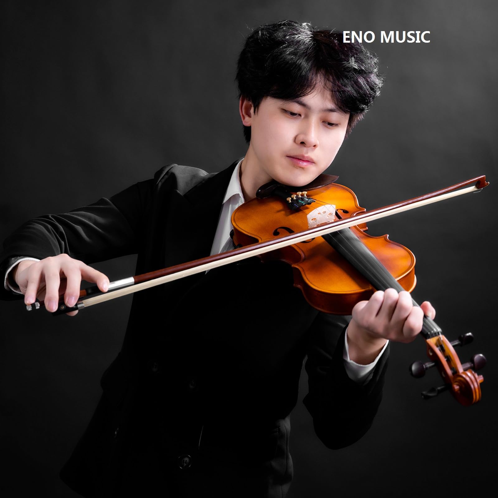 ENO MUSIC Kit de violín 4/4 de tamaño completo para principiantes y adultos con colofonia, arco y funda rígida, todos los accesorios de instrumentos musicales de cuerda incluidos