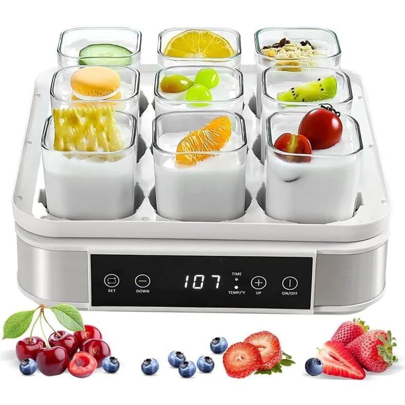 Máquina para hacer yogur con 9 tarros de vidrio, máquina digital de yogur para el hogar orgánico yogurt y queso, pantalla LED y temporizador, fácil limpieza, recipientes de vidrio de 52 onzas/ollas de