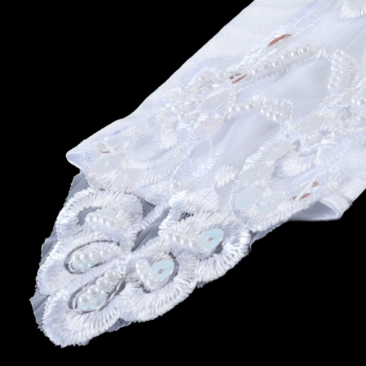 1 par de guantes largos sin dedos de satén con encaje y lentejuelas para niñas de flores, para boda, comunión, dama de honor, color blanco