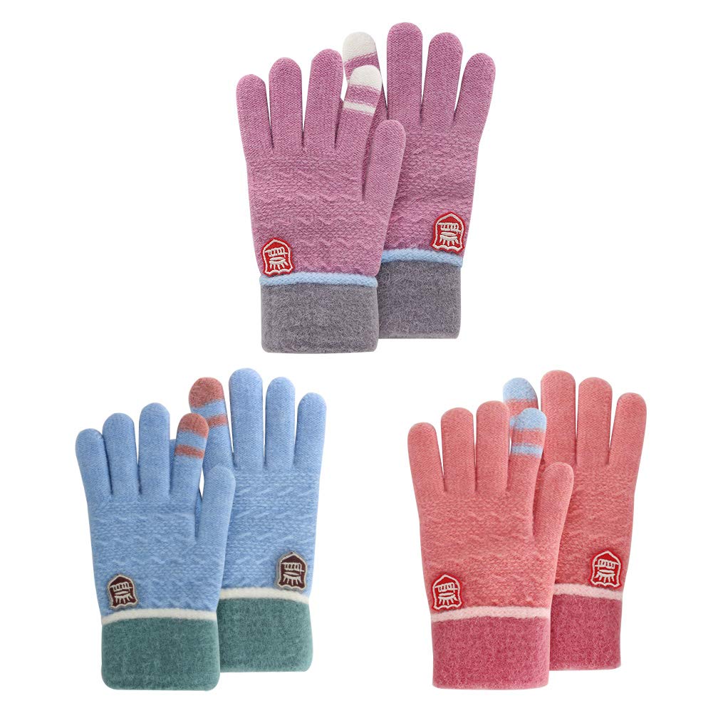 ORVINNERKids Winter Gloves for Boys Girls, 3 Pairs Children Warm Wool Lined Gloves Toddler Thermal Knitted Mittens