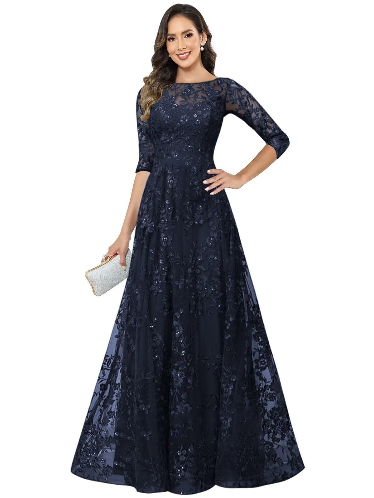 Long Lace Applique Mother of The Bride Dresses for Wedding A Line 3 4 Sleeve Wedding Guest Dresses