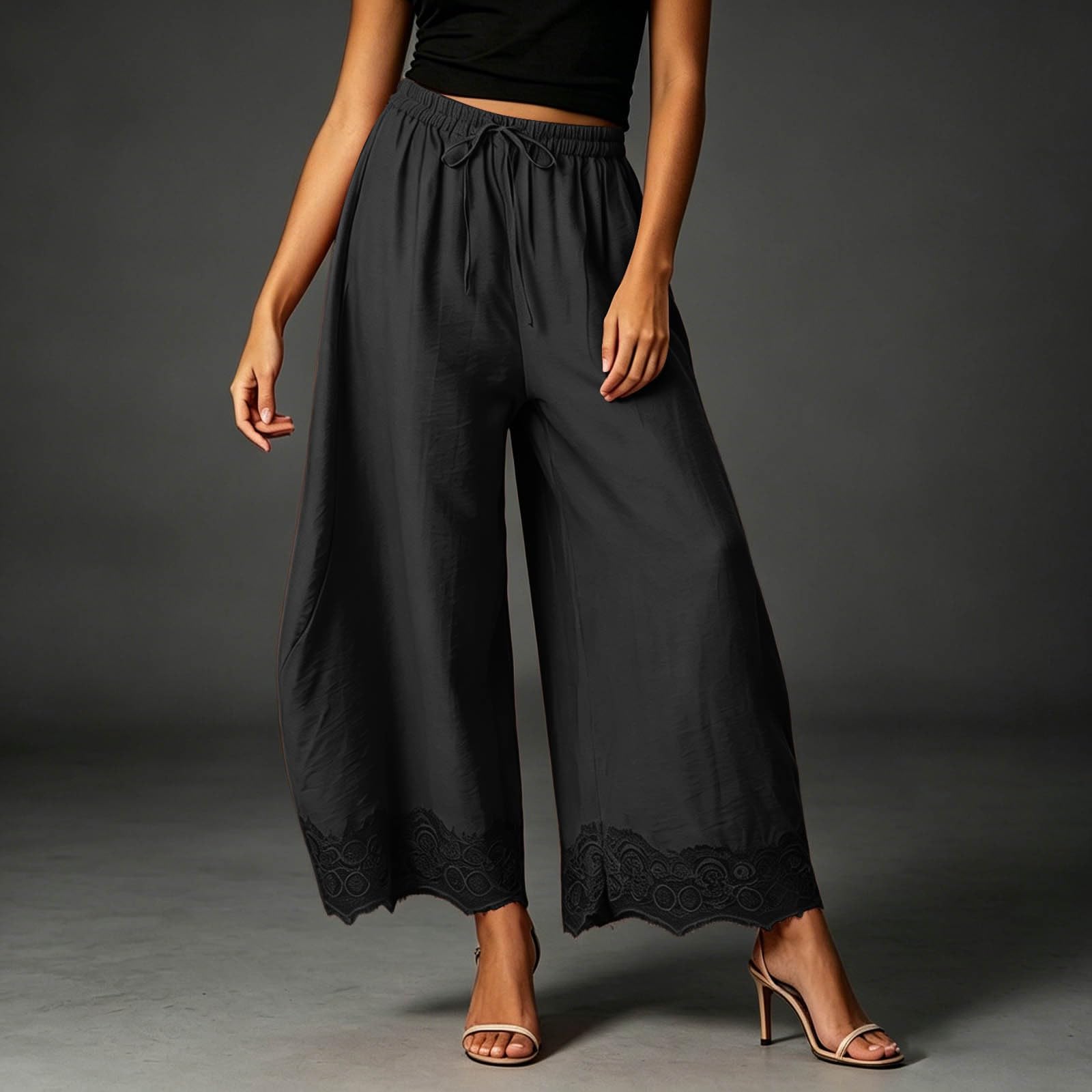 Pantaloni estivi da donna, tinta unita, gamba larga, in pizzo, con pieghe