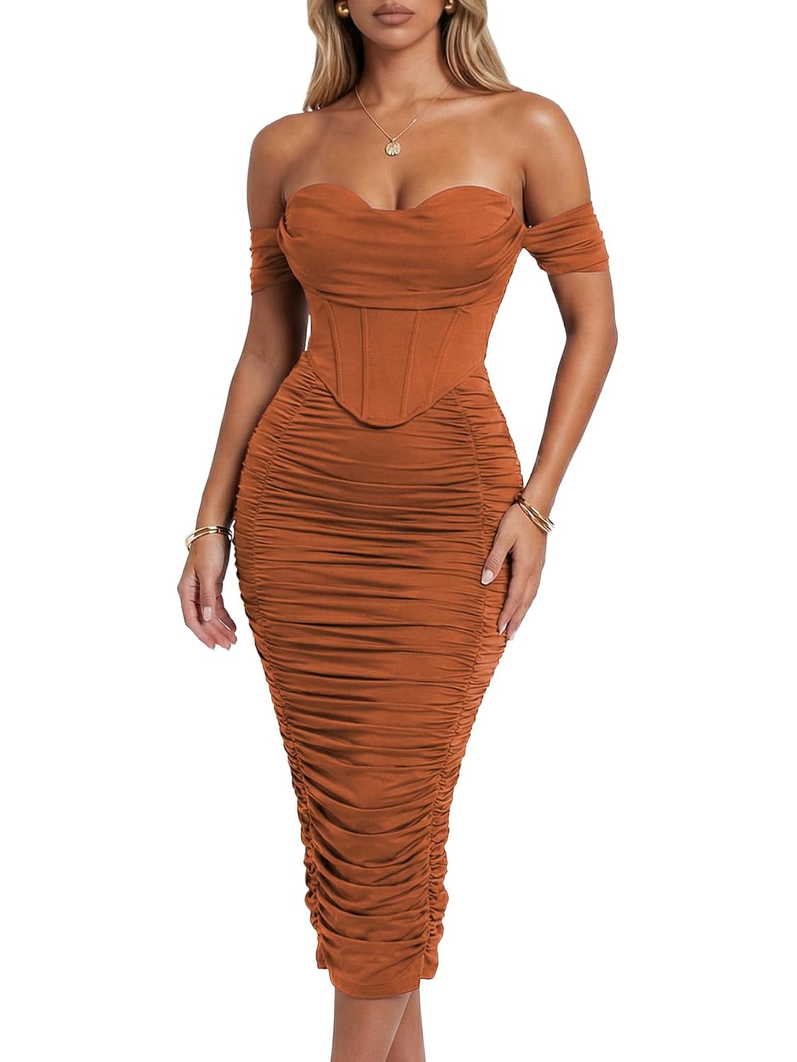 Women's Off The Shoulder Midi Dress Built-in Bra Ruched Corset Bodycon Spring Cocktail Party Wedding Guest Dresses