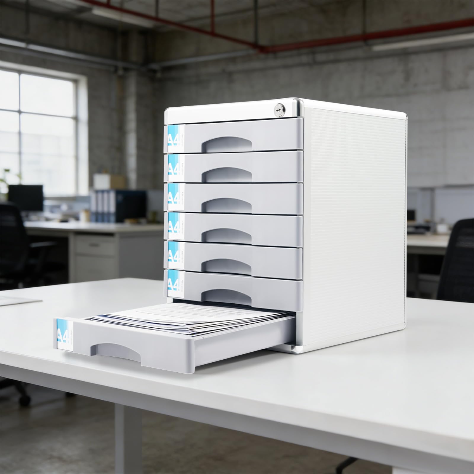 Cassettiera da scrivania con serratura, 7 scomparti per DIN A4, telaio in alluminio, contenitore compatto per documenti da scrivania, grigio argento