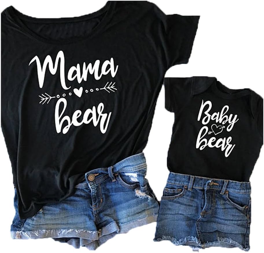 Mom and Daughter Matching Outfits Short Sleeves Letters Print Mommy and Me Shirts Clothes(Baby Bear,2-3T)