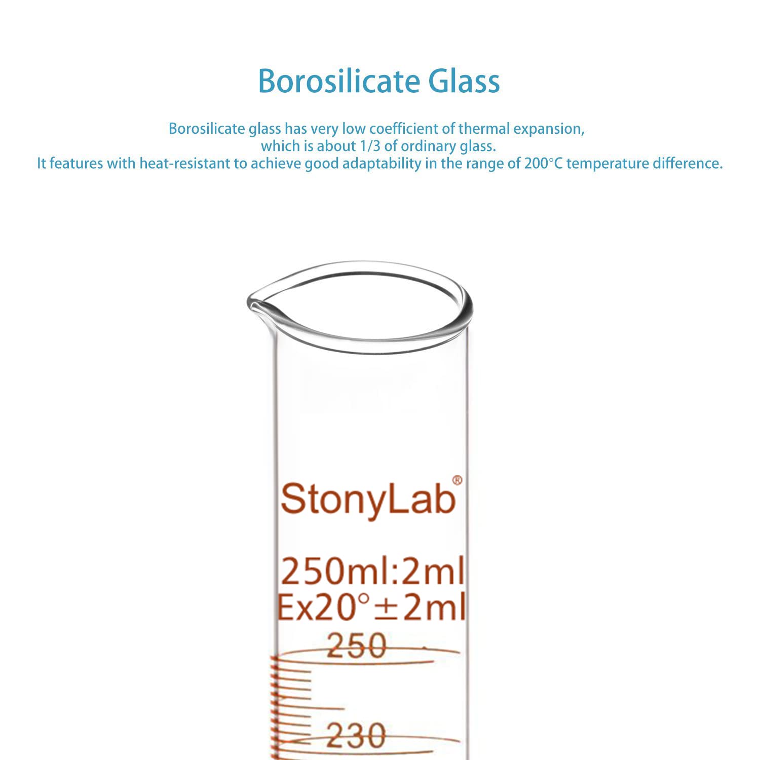 stonylab Cylinder pomiarowy szklany 250 ml (opakowanie 4 szt), szkło borokrzemowe, ciężka ścianka, górna warga rozszerzona, cylinder miarowy do laboratorium