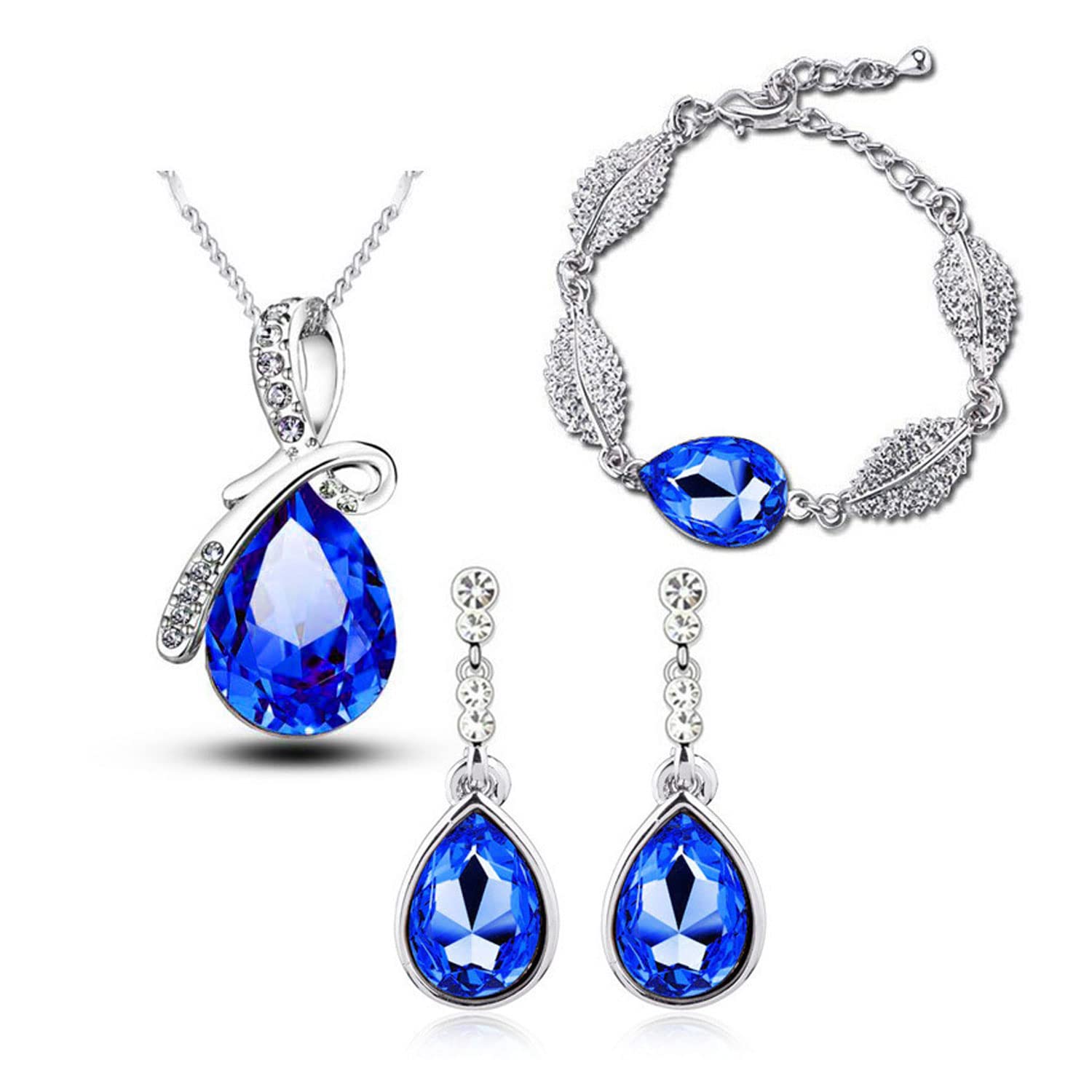 Txibikn 4 Pieces Fashion Teardrop Crystal Rhinstone Pendant Necklace Earring Bracelet Jewelry Set for Women Lady Wedding Birthday Party Prom Gifts