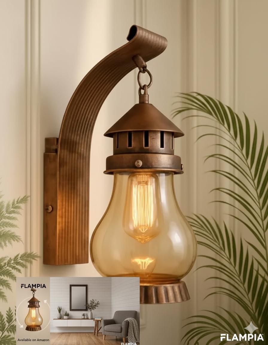 Vintage Lantern Wall Light | Rustic Industrial Glass Wall Sconce | Warm Edison Bulb Wall Lamp for Living Room, Bedroom, Café & Balcony