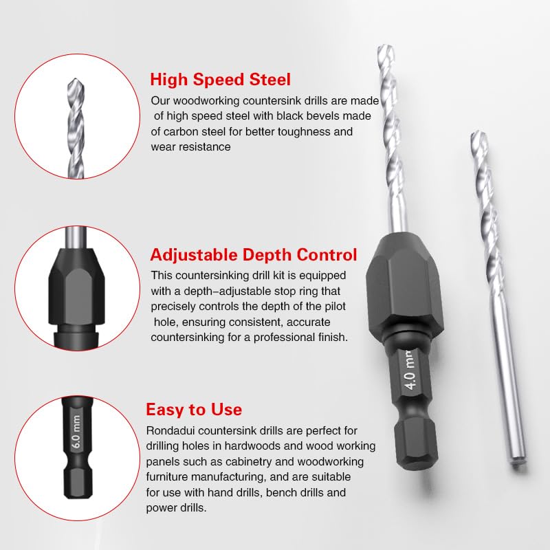 5 pcs-Countersink Drill Bit Set, Tapered Drill Bits, Countersink Drill Bit Set, 1/4" Hex Shank Quick Change for Woodworking, Pilot Screw Hole Set