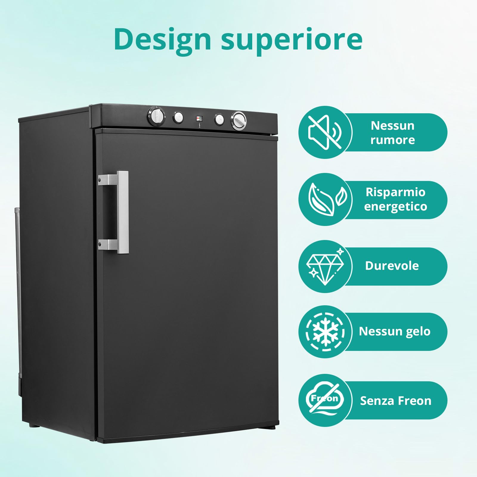 SMETA Frigorifero a gas da 95 l, con congelatore, portatile, a 3 vie, 12 V, 230 V, per camper, garage e casa vacanze, a risparmio energetico e silenzioso, con manico nero, con impugnatura