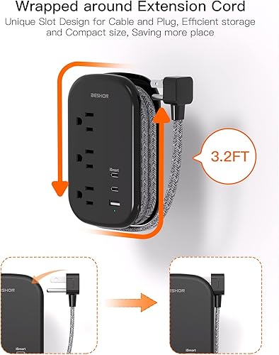 Miniatura 3 de BESHON - Tira de alimentación de viaje USB C, cable de extensión ultra plano, tira de alimentación de enchufe plano, 3 salidas con 3 puertos USB (2