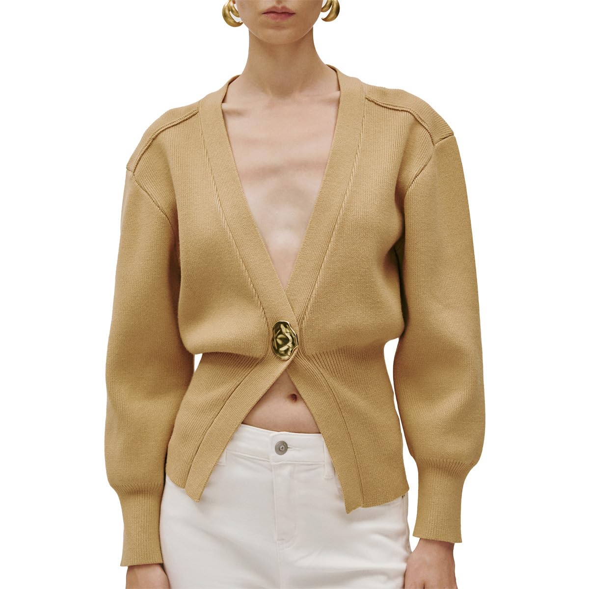 URBAN REVIVO Women Knitted Cardigans Long Sleeve V-Neck Lightweight Sweater One Leaf Button Down Outwear
