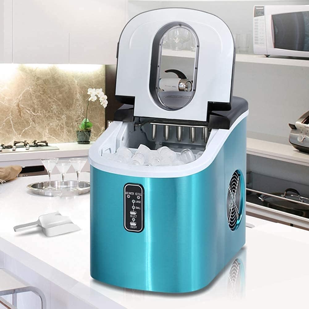 Ice Maker Countertop, Electric Ice Cube Maker with Scoop Basket, 9 Ice Cubes in 6-13 Minutes, 33 Pounds in 24 Hours (Copper) (Blue)