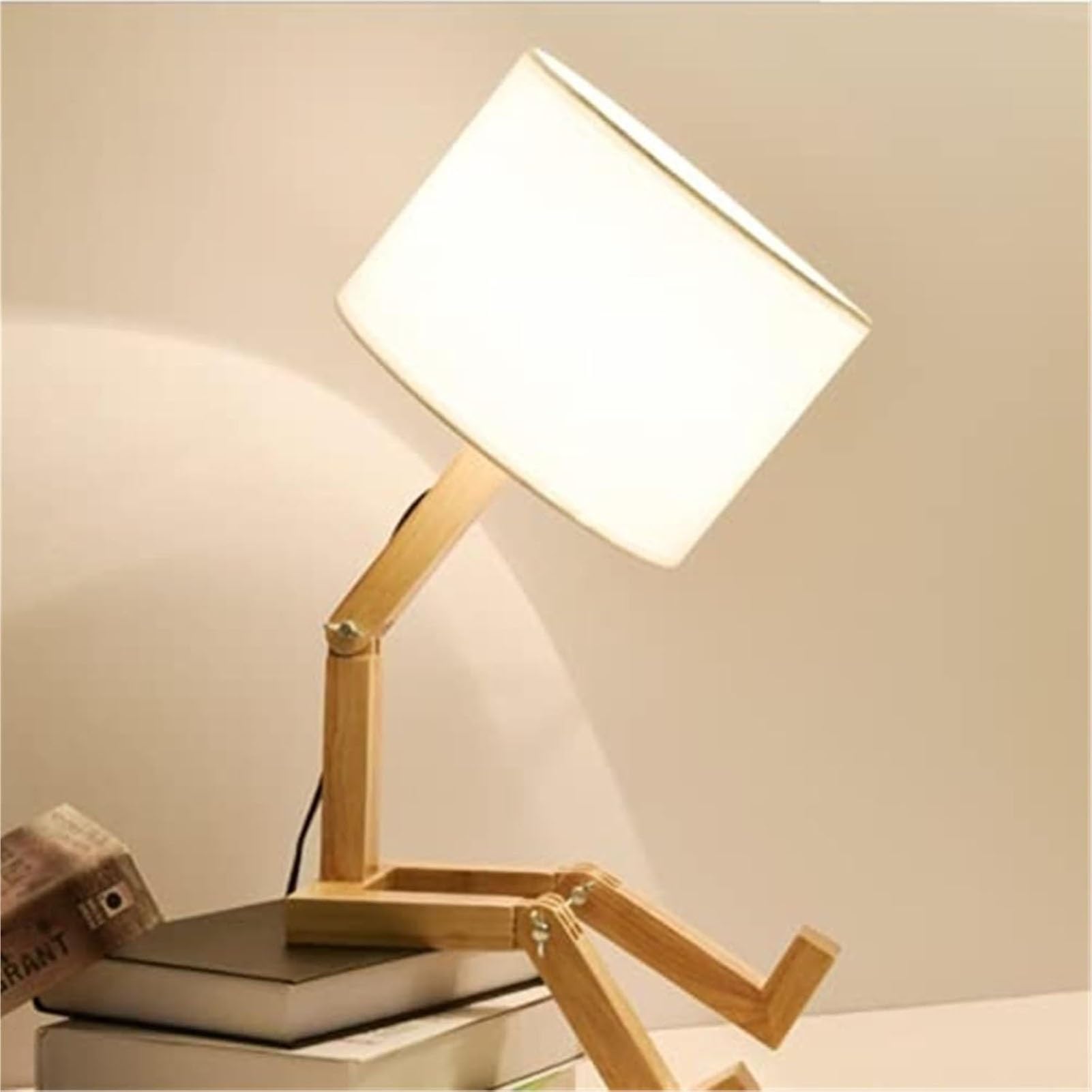Urocza lampa biurkowa robota, kreatywne lampki nocne, posiada podstawę lampy E27, z kloszem z tkaniny, składanym drewnianym korpusem, do gabinetu, biura, salonu oświetlenie dekoracyjne