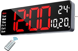Lafocuse Reloj Digital Pared LED Grande 32cm, Silencioso Reloj Digital con Control Remoto, Temperatura, Fecha, 2 Alarmas, Brillo Ajustable, 12/24 Horas, para Salon Cocina Oficina,Rojo
