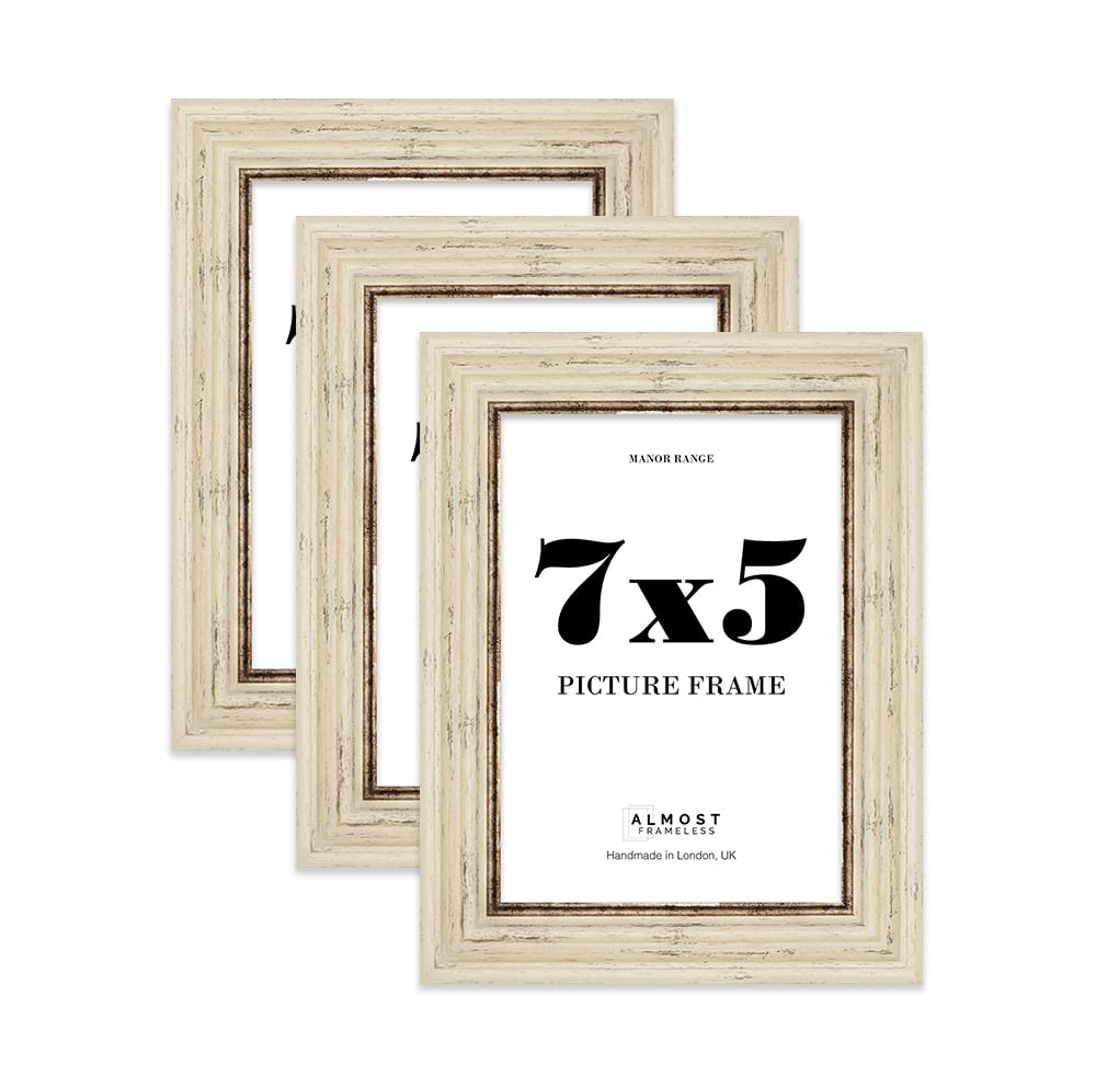 7x5 Picture Frame, Display 7x5 Pictures (17.8 x 12.7cm) - Distressed Cream Classic 42mm Edge Antique-Inspired Home Accessories - 3 Pack
