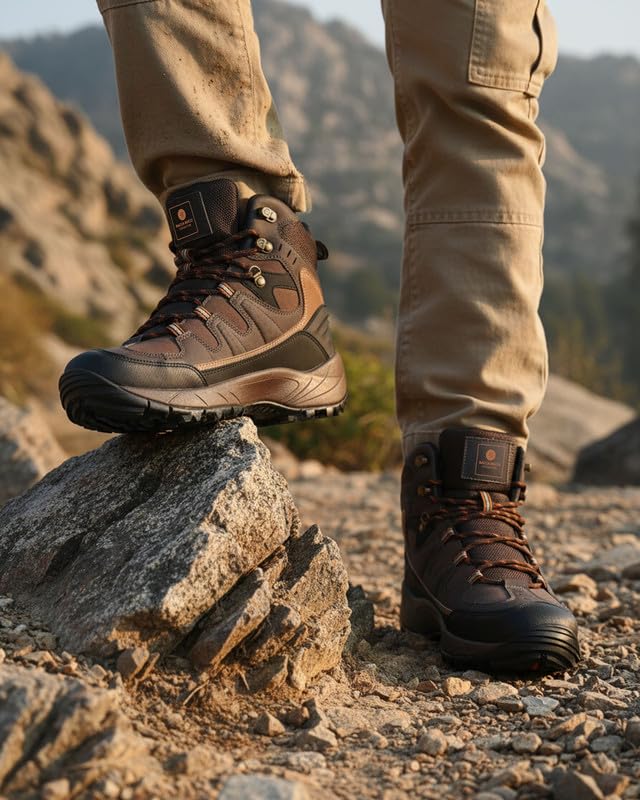 Image of Bacca Bucci Men's Mid-Top Trekking Boots with Rugged Grip Sole, Padded Ankle Support & Secure Lace-Hook Closure