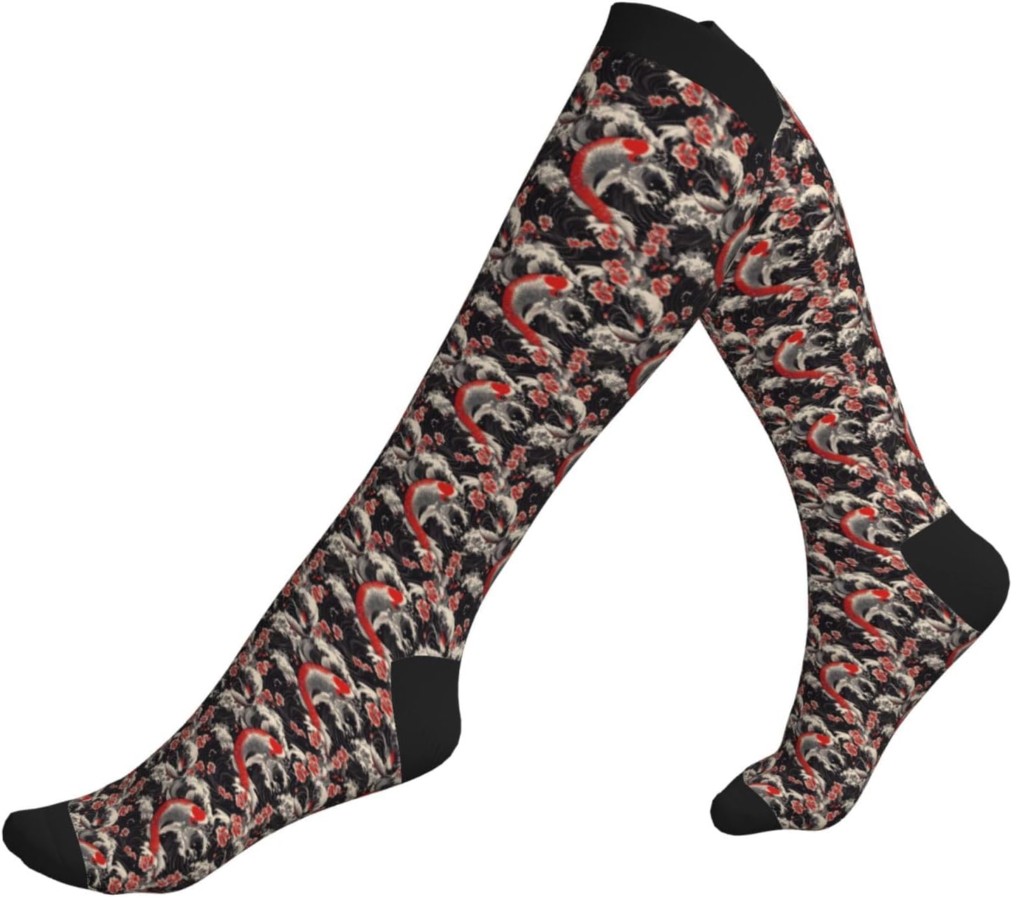 Graduated Compression Socks for Women Men - Black Wave Koi Print Soft Comfy Knee High Compression Socks