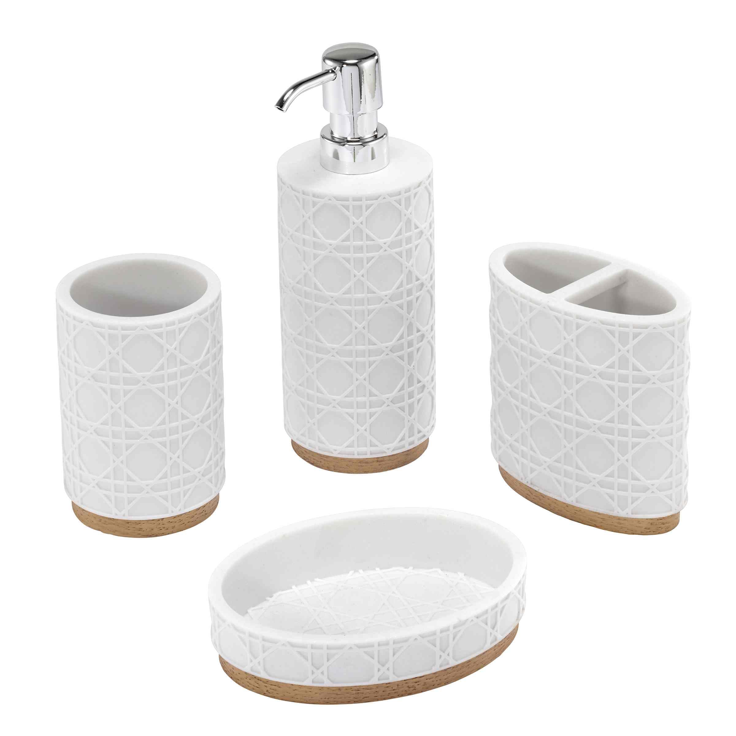 Nicole Miller Lena - Vaso de Resina de 4 Piezas, Soporte para Cepillo de Dientes, jabonera y Bomba de loción, Juego de Accesorios de 4 Piezas, Color Blanco
