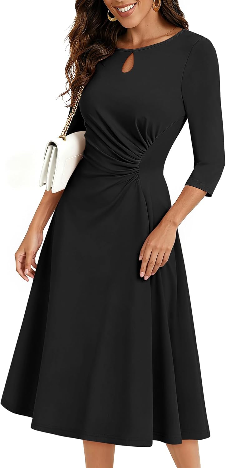 Aupuls 3/4 Sleeve Wedding Guest Dresses for Women Fit and Flare Midi Ruched Waist Formal Dress